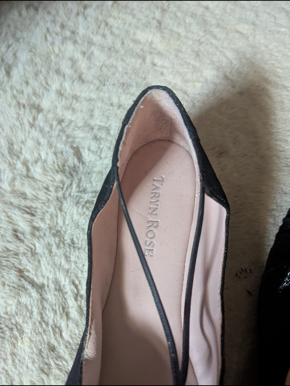 Taryn Rose Black Shimmery Ruched T-Strap Flats